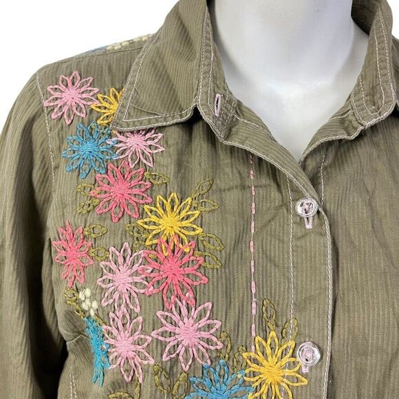 J Jill Womens Embroidered Long Sleeve Bell Sleeve Button Up Green Shirt Top sz 4 - Picture 7 of 16